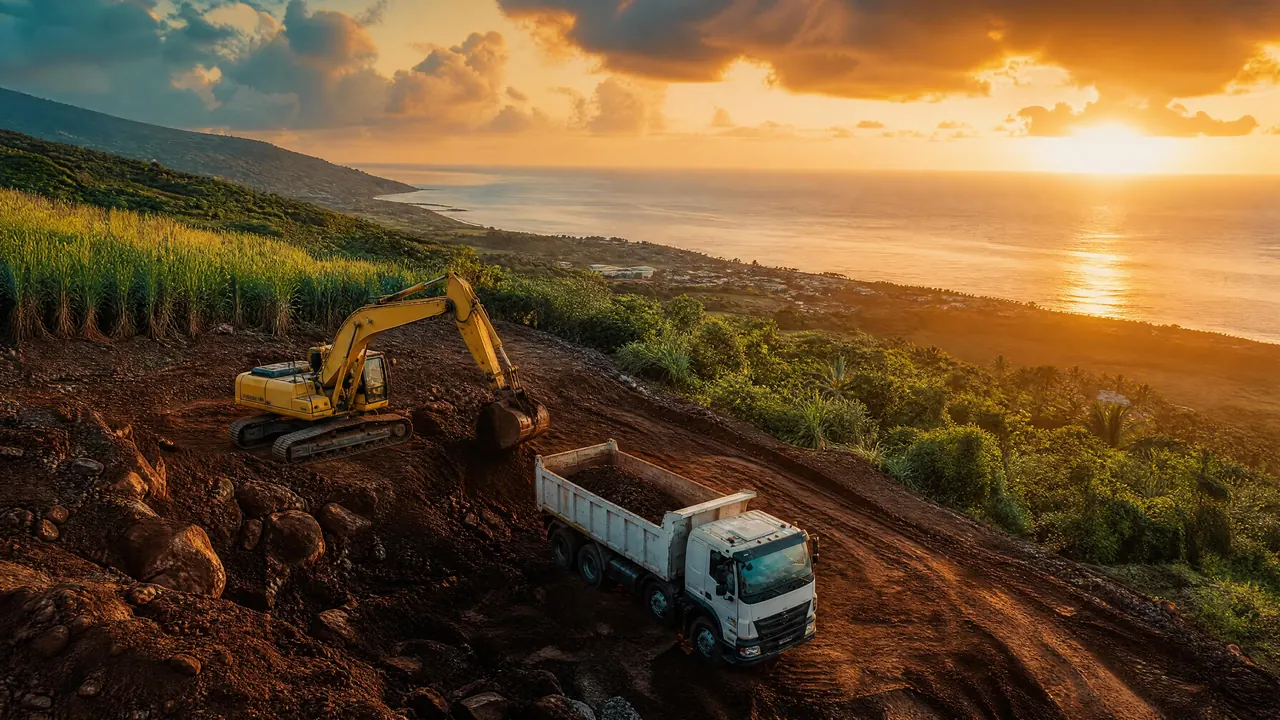 Pelle mécanique chargeant un camion-benne sur un chantier à flanc de colline, face à l'océan, à La Réunion (illustration)