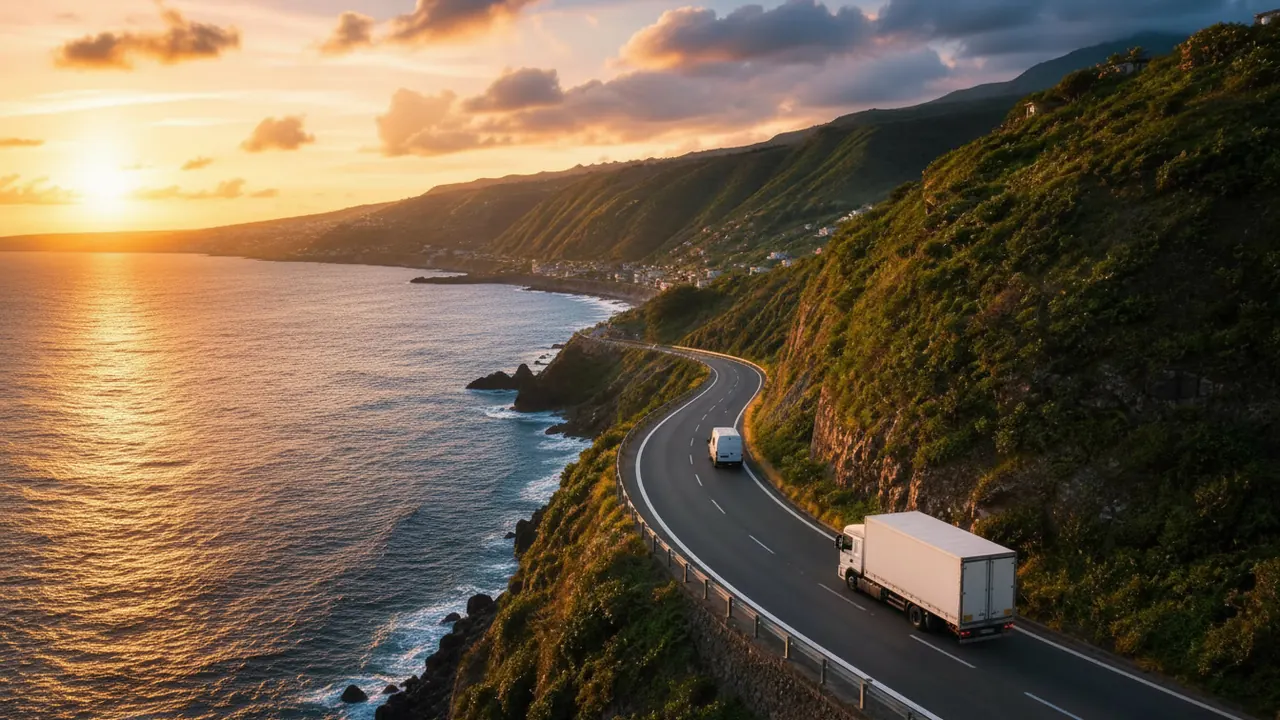 Camion de livraison et utilitaire sur une route côtière de La Réunion au coucher du soleil (illustration)